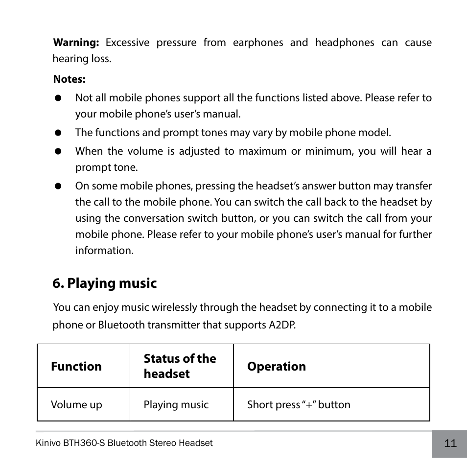 Playing music | Kinivo BTH360-S Bluetooth Stereo Headphone User Manual | Page 11 / 20