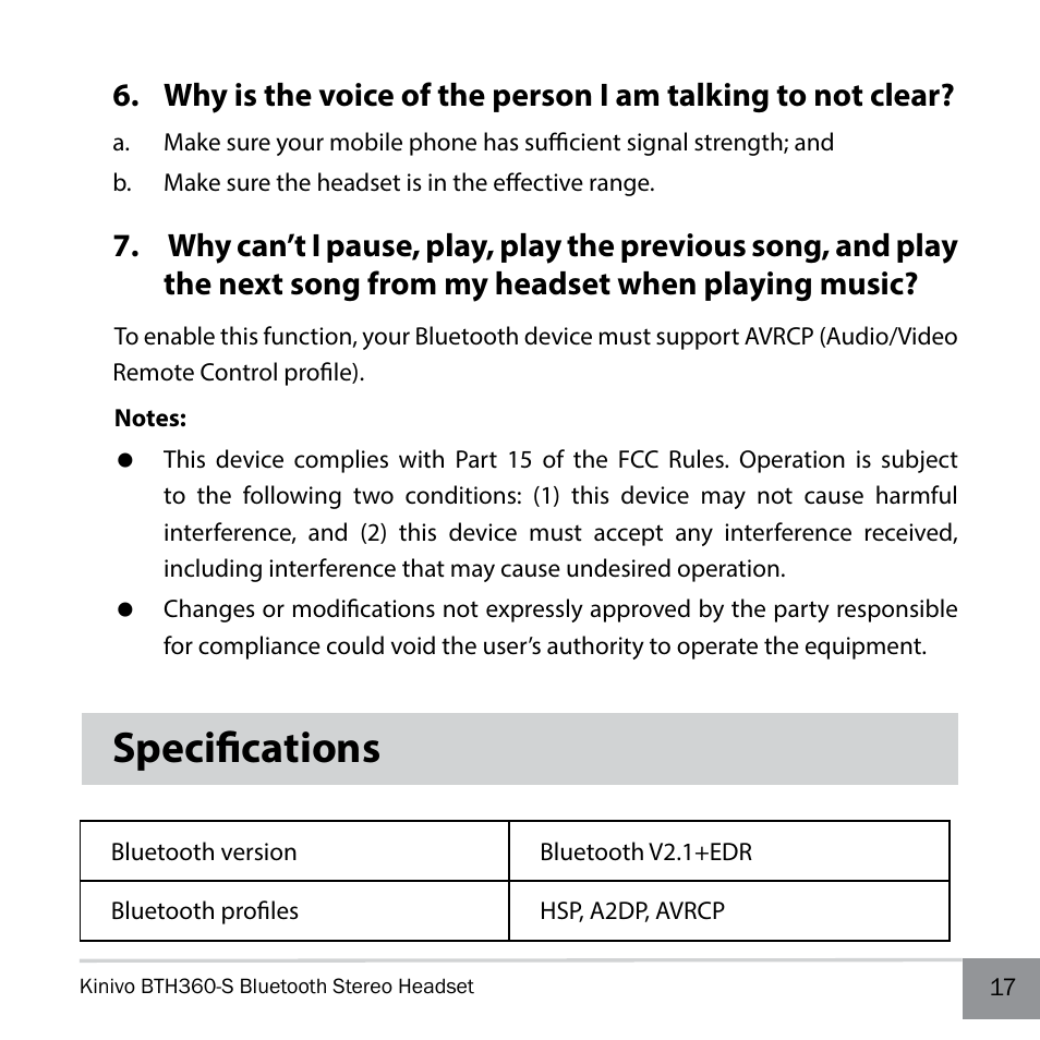 Specifications | Kinivo BTH360-S Bluetooth Stereo Headphone User Manual | Page 17 / 20