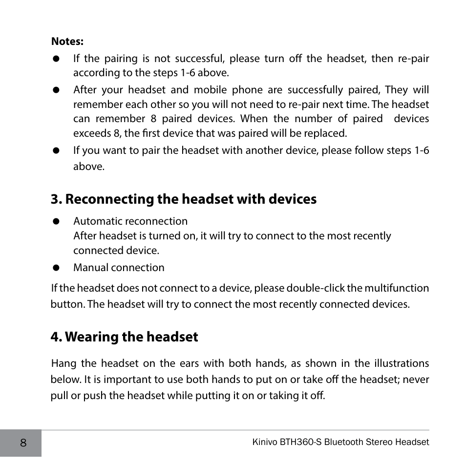 Reconnecting the headset with devices, Wearing the headset | Kinivo BTH360-S Bluetooth Stereo Headphone User Manual | Page 8 / 20