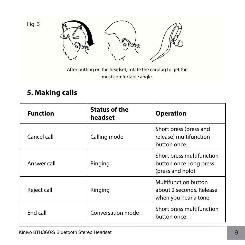 Making calls | Kinivo BTH360-S Bluetooth Stereo Headphone User Manual | Page 9 / 20