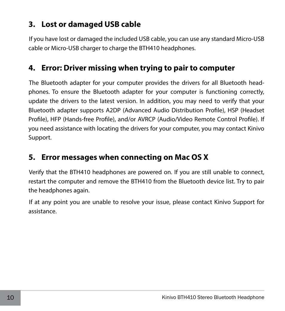 Lost or damaged usb cable, Error messages when connecting on mac os x | Kinivo BTH410 Bluetooth Stereo Headphone User Manual | Page 10 / 16