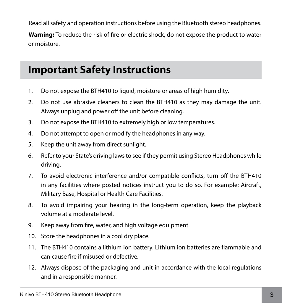 Important safety instructions | Kinivo BTH410 Bluetooth Stereo Headphone User Manual | Page 3 / 16