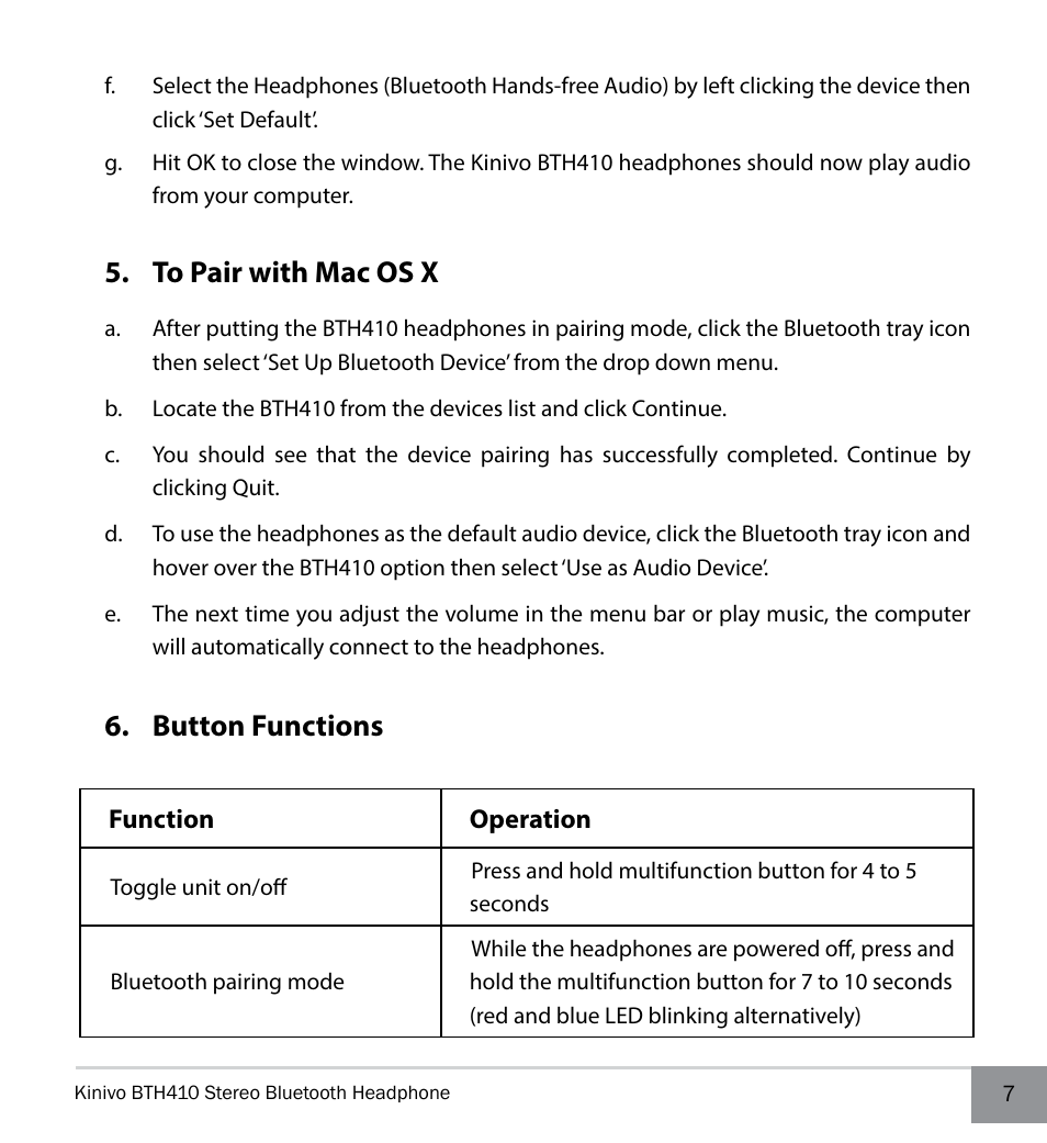 To pair with mac os x, Button functions | Kinivo BTH410 Bluetooth Stereo Headphone User Manual | Page 7 / 16