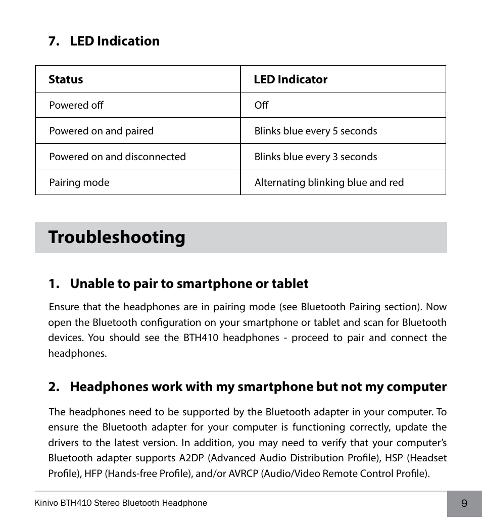 Led indication, Troubleshooting, Unable to pair to smartphone or tablet | Kinivo BTH410 Bluetooth Stereo Headphone User Manual | Page 9 / 16