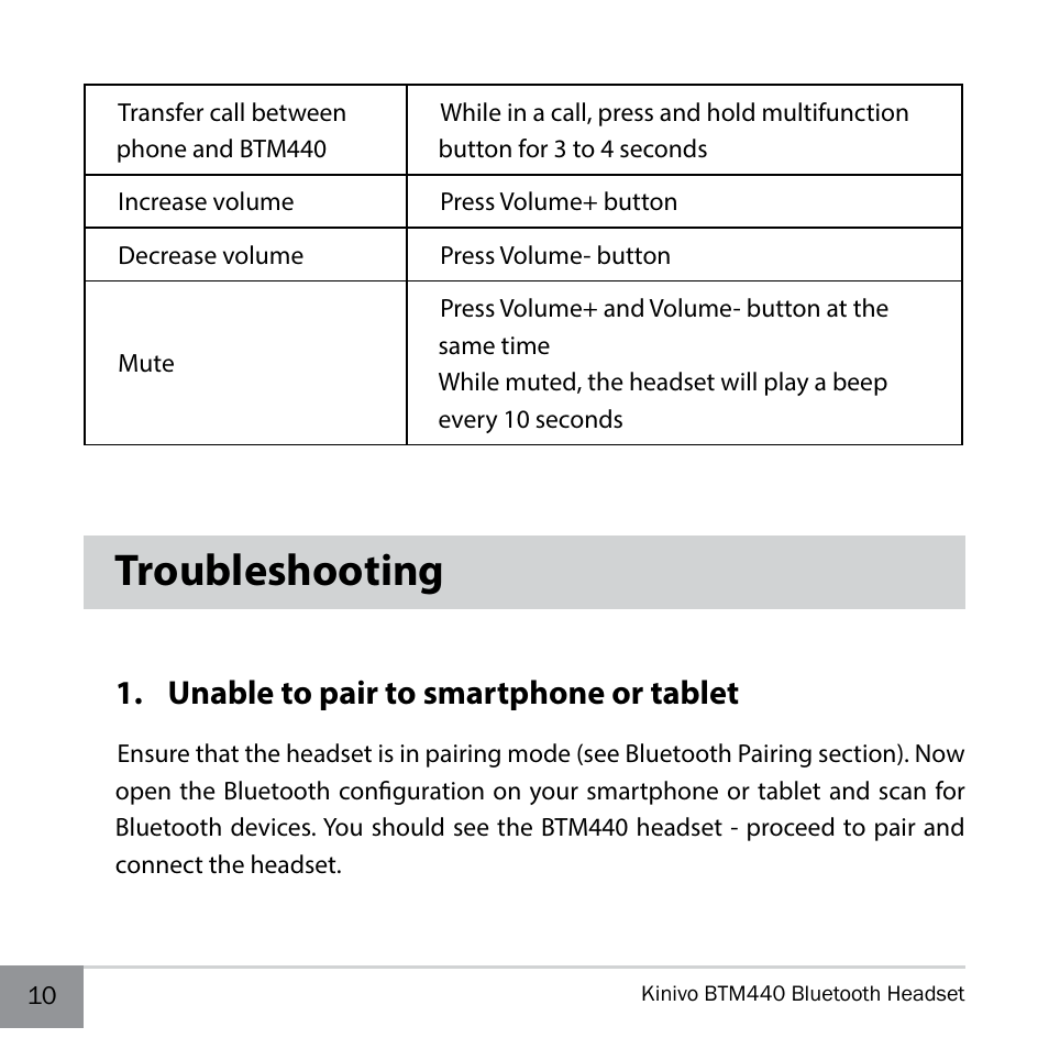 Troubleshooting, Unable to pair to smartphone or tablet | Kinivo BTM440 Bluetooth Headset User Manual | Page 10 / 18