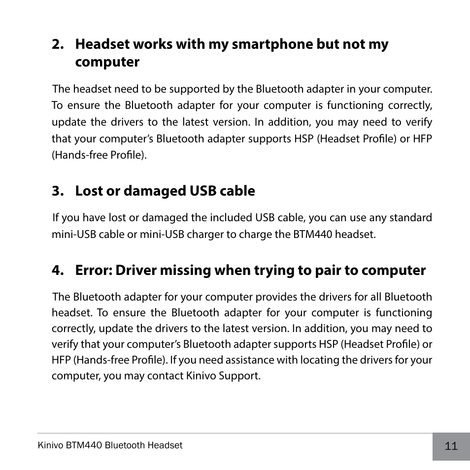 Lost or damaged usb cable | Kinivo BTM440 Bluetooth Headset User Manual | Page 11 / 18