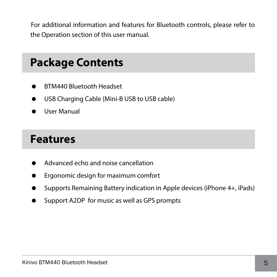 Package contents, Features | Kinivo BTM440 Bluetooth Headset User Manual | Page 5 / 18