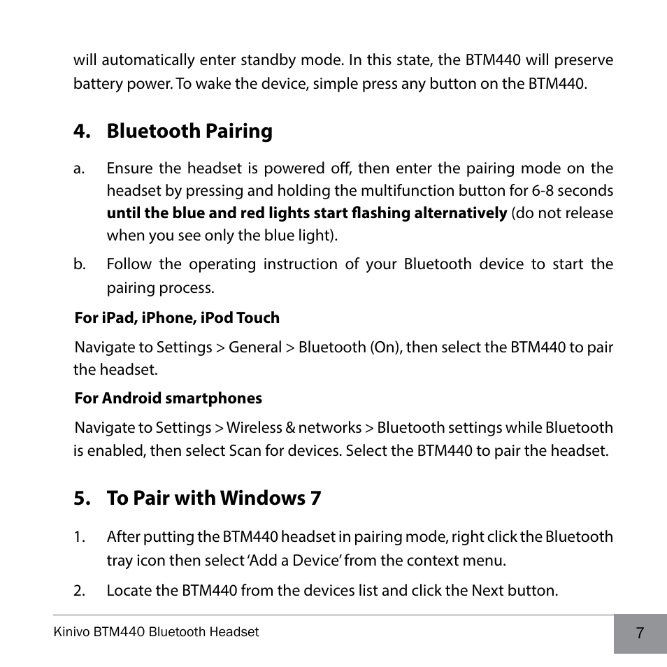 Bluetooth pairing, To pair with windows 7 | Kinivo BTM440 Bluetooth Headset User Manual | Page 7 / 18
