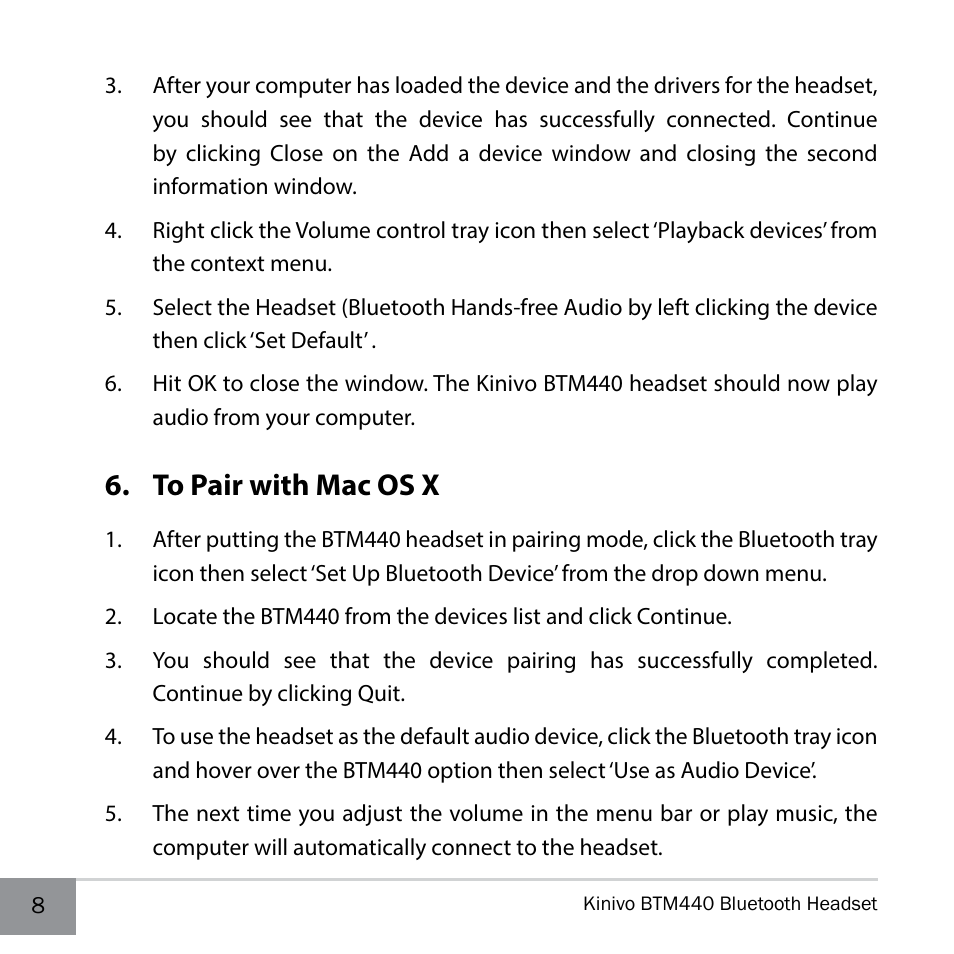 To pair with mac os x | Kinivo BTM440 Bluetooth Headset User Manual | Page 8 / 18