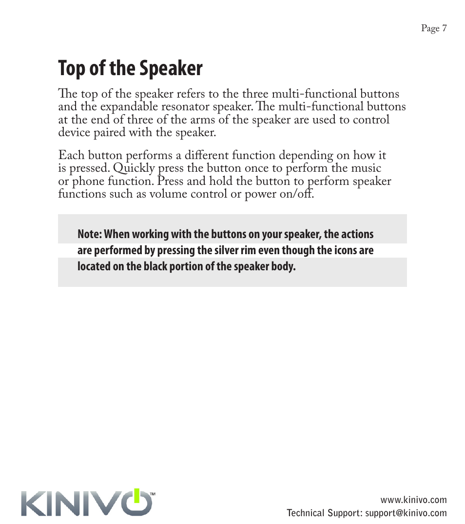 Device specifications, Top of the speaker | Kinivo BTX110 Wireless Bluetooth Mini Portable Speaker User Manual | Page 10 / 27