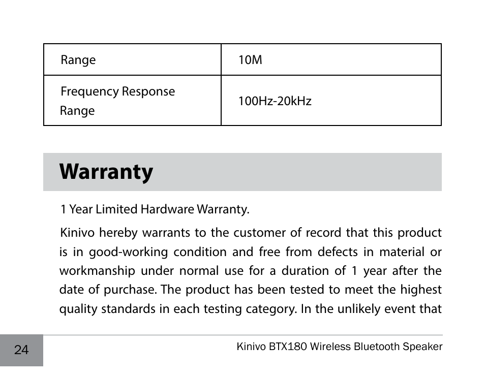 Warranty | Kinivo BTX180 Wireless Bluetooth Speaker User Manual | Page 24 / 30