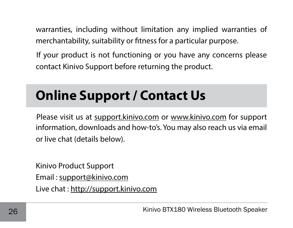 Online support / contact us | Kinivo BTX180 Wireless Bluetooth Speaker User Manual | Page 26 / 30