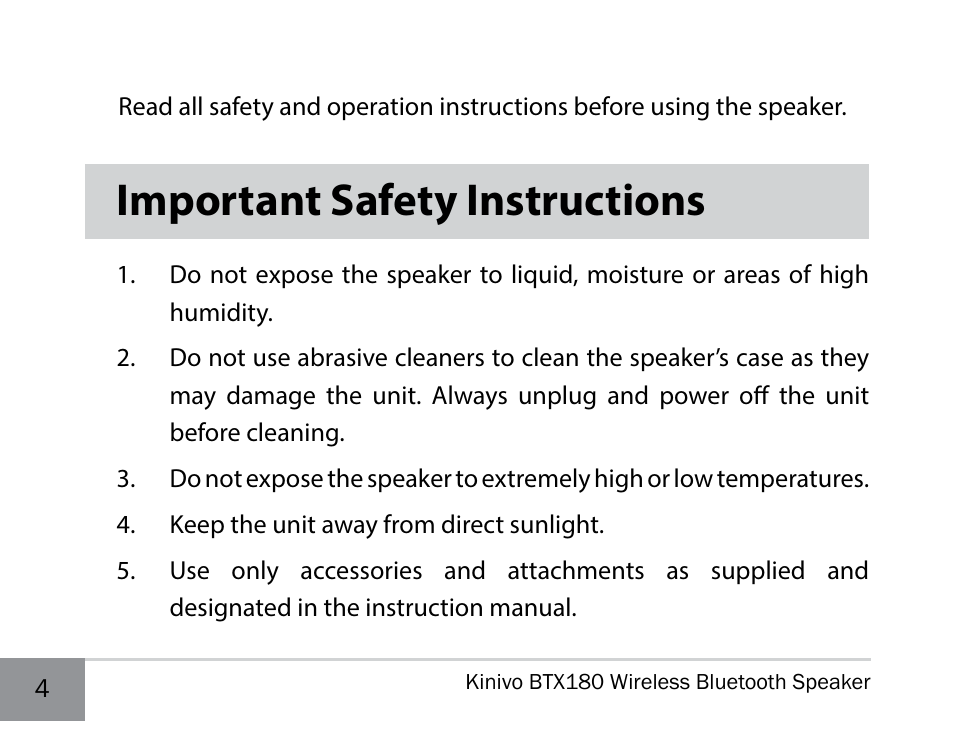 Important safety instructions | Kinivo BTX180 Wireless Bluetooth Speaker User Manual | Page 4 / 30