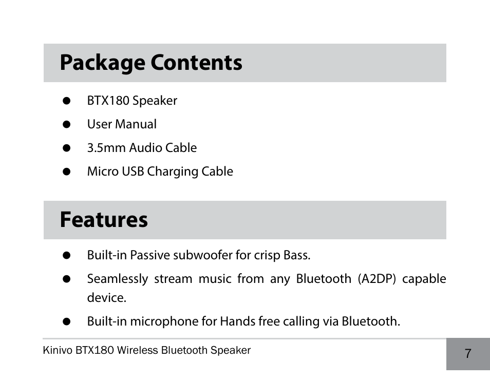 Package contents, Features | Kinivo BTX180 Wireless Bluetooth Speaker User Manual | Page 7 / 30