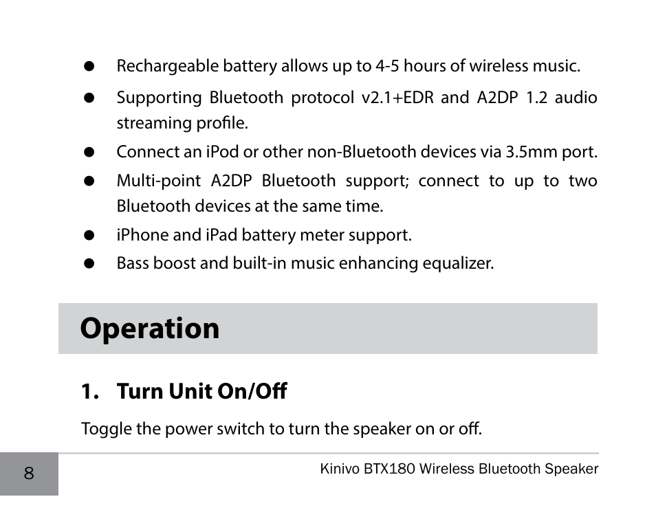 Operation, Turn unit on/off | Kinivo BTX180 Wireless Bluetooth Speaker User Manual | Page 8 / 30