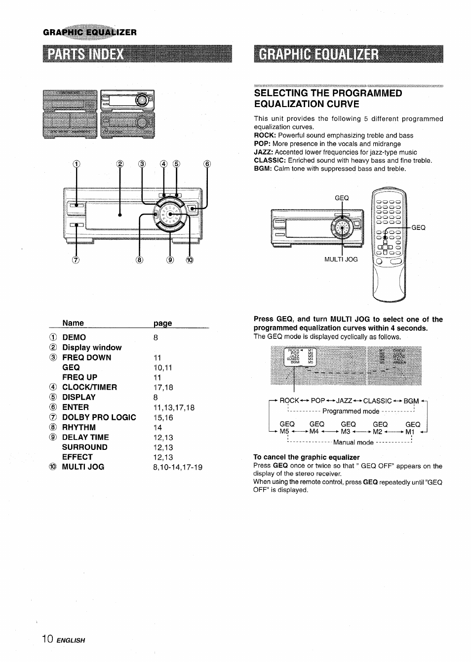Graphic equalize, Selecting the programmed equalization curve, Name | To cancel the graphic equalizer | Aiwa XR-MT1000 User Manual | Page 10 / 116