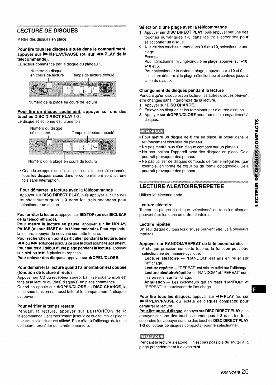 Lecture de disques, Pour démarrer la lecture avec la télécommande, Pour vérifier le temps restant | Sélection d’une plage avec la télécommande, Changement de disques pendant la lecture, Lecture aleatoire/repetee, Lecture aléatoire, Lecture répétée, Appuyer sur random/repeat de la télécommande | Aiwa XR-MT1000 User Manual | Page 101 / 116