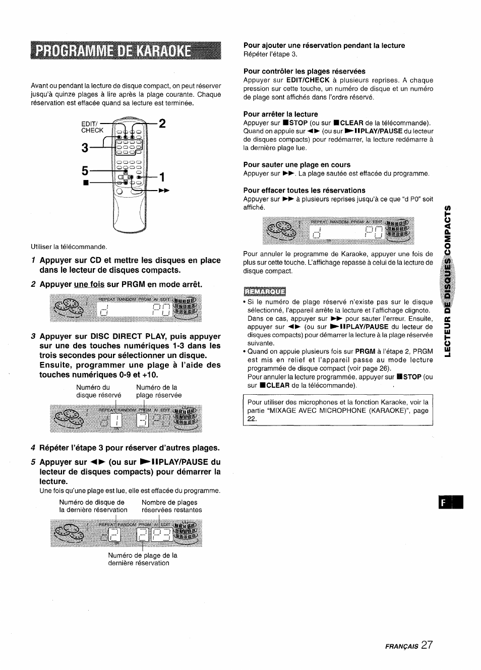 Programme de k, Pour ajouter une réservation pendant la lecture, Pour contrôler les plages réservées | Pour arrêter la lecture, Pour sauter une plage en cours, Pour effacer toutes les réservations, Programme de karaoke | Aiwa XR-MT1000 User Manual | Page 103 / 116