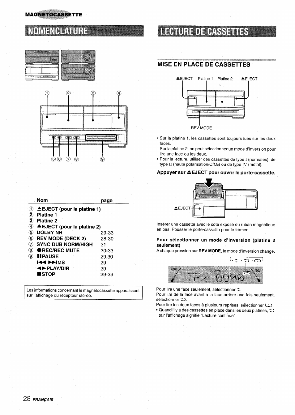 Ure de cassett, Mise en place de cassettes, Lecture de cassettes | Aiwa XR-MT1000 User Manual | Page 104 / 116