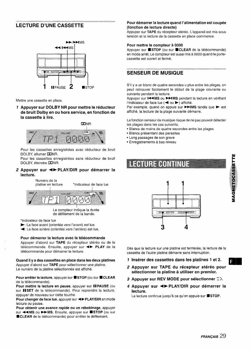 Lecture d’une cassette, Pour mettre le compteur à 0000, Senseur de musique | Pour démarrer la lecture avec la télécommande | Aiwa XR-MT1000 User Manual | Page 105 / 116