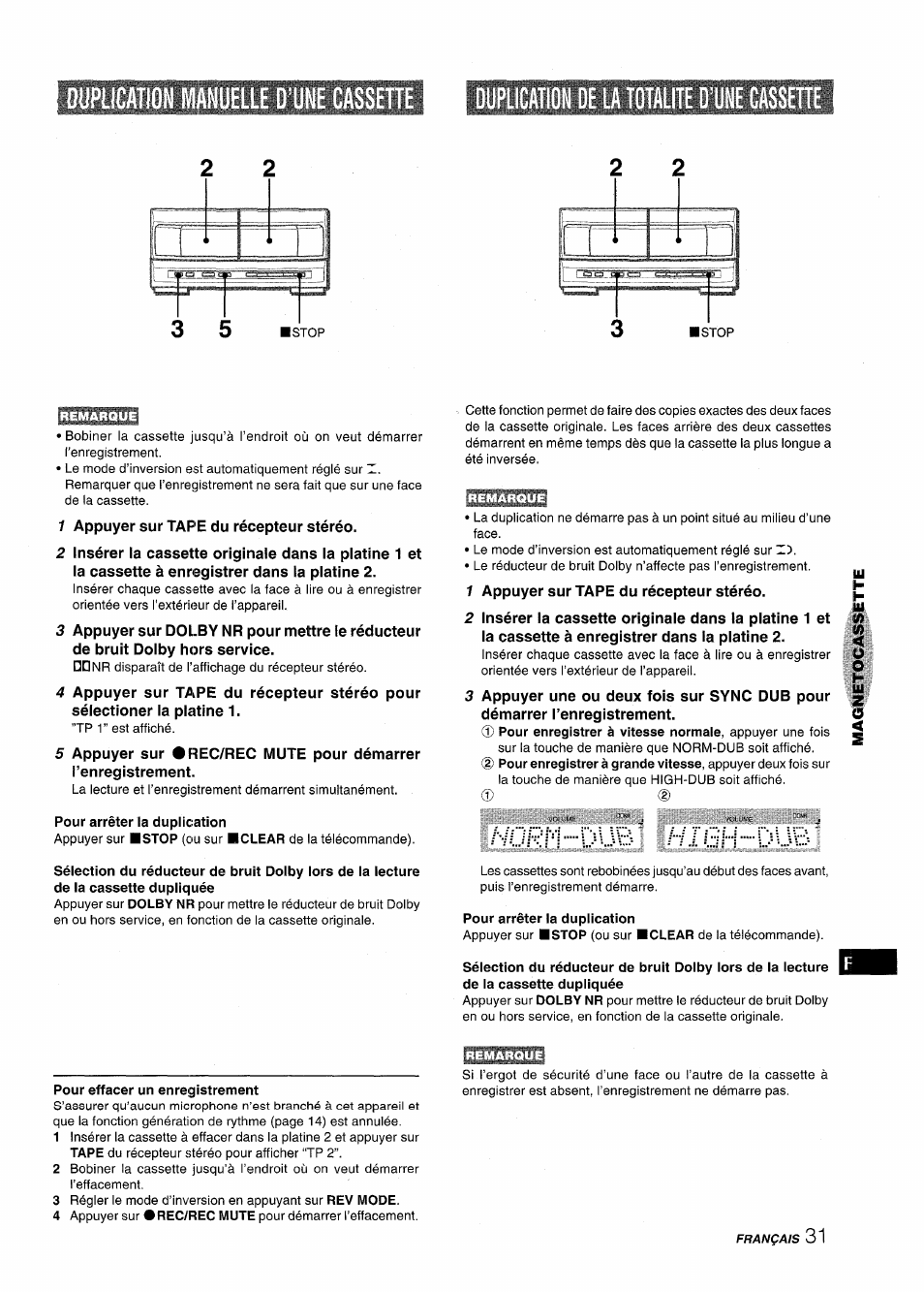 Pour arrêter la duplication, Pour effacer un enregistrement, Ì cto | Aiwa XR-MT1000 User Manual | Page 107 / 116