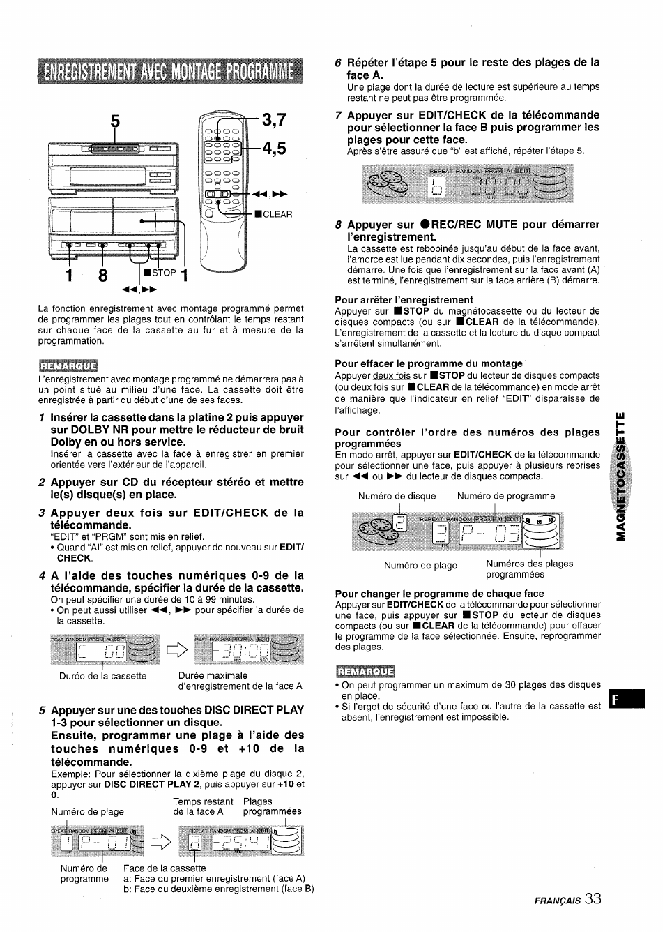 Enregistrement avec montage programme, Pour arrêter l’enregistrement, Pour effacer le programme du montage | Pour changer le programme de chaque face | Aiwa XR-MT1000 User Manual | Page 109 / 116