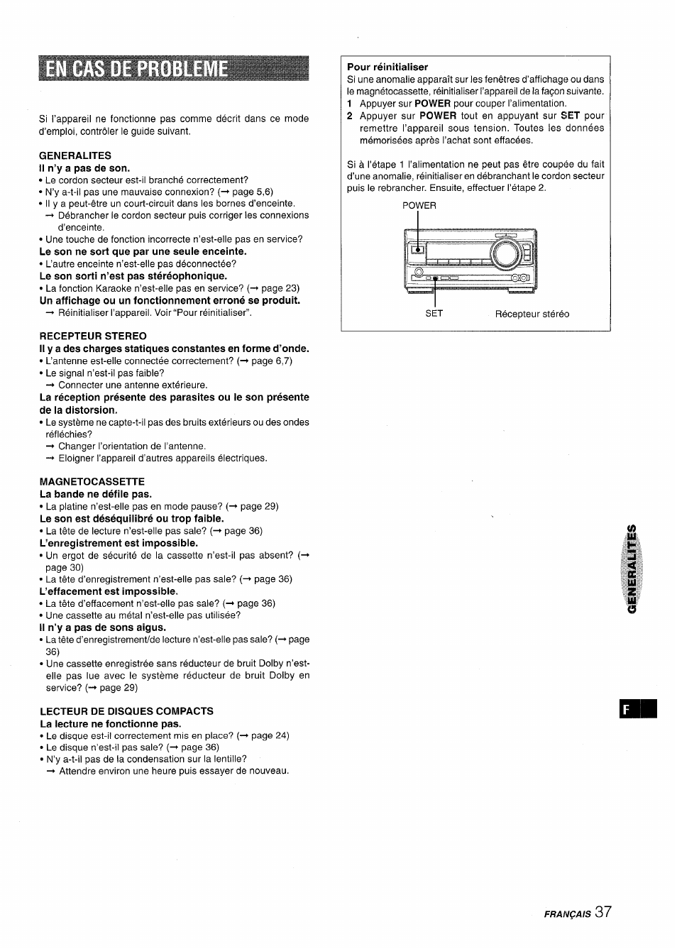 Generalites il n’y a pas de son, Recepteur stereo, Magnetocassette la bande ne défile pas | Aiwa XR-MT1000 User Manual | Page 113 / 116