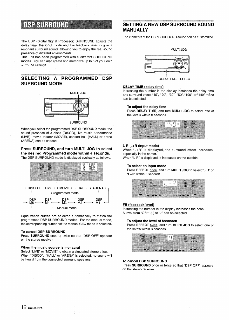 Selecting a programmed surround mode, Setting a new dsp surround sound manually | Aiwa XR-MT1000 User Manual | Page 12 / 116