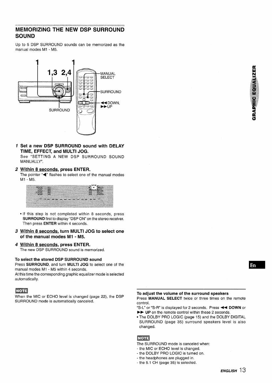 Memorizing the new dsp surround sound, 2 within 8 seconds, press enter, 4 within 8 seconds, press enter | Aiwa XR-MT1000 User Manual | Page 13 / 116