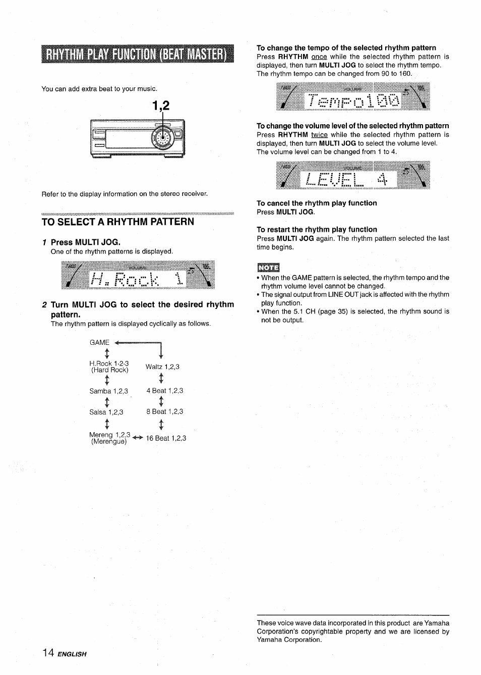 Ythm play function (beat master), To select a rhythm pattern, 1 press multi jog | To cancel the rhythm play function press multi jog, To restart the rhythm play function | Aiwa XR-MT1000 User Manual | Page 14 / 116