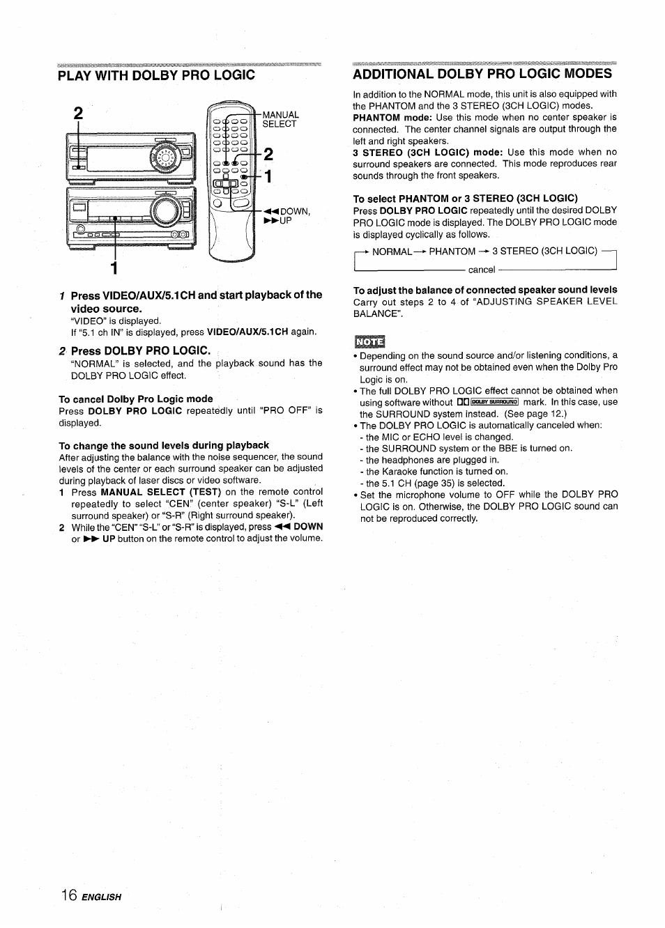 Additional dolby pro logic modes, 2 press dolby pro logic | Aiwa XR-MT1000 User Manual | Page 16 / 116