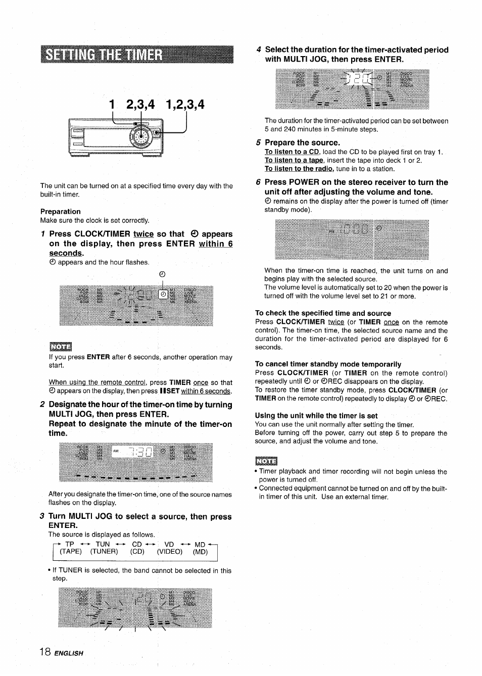 Preparation, To cancel timer standby mode temporarily, Using the unit while the timer is set | Aiwa XR-MT1000 User Manual | Page 18 / 116