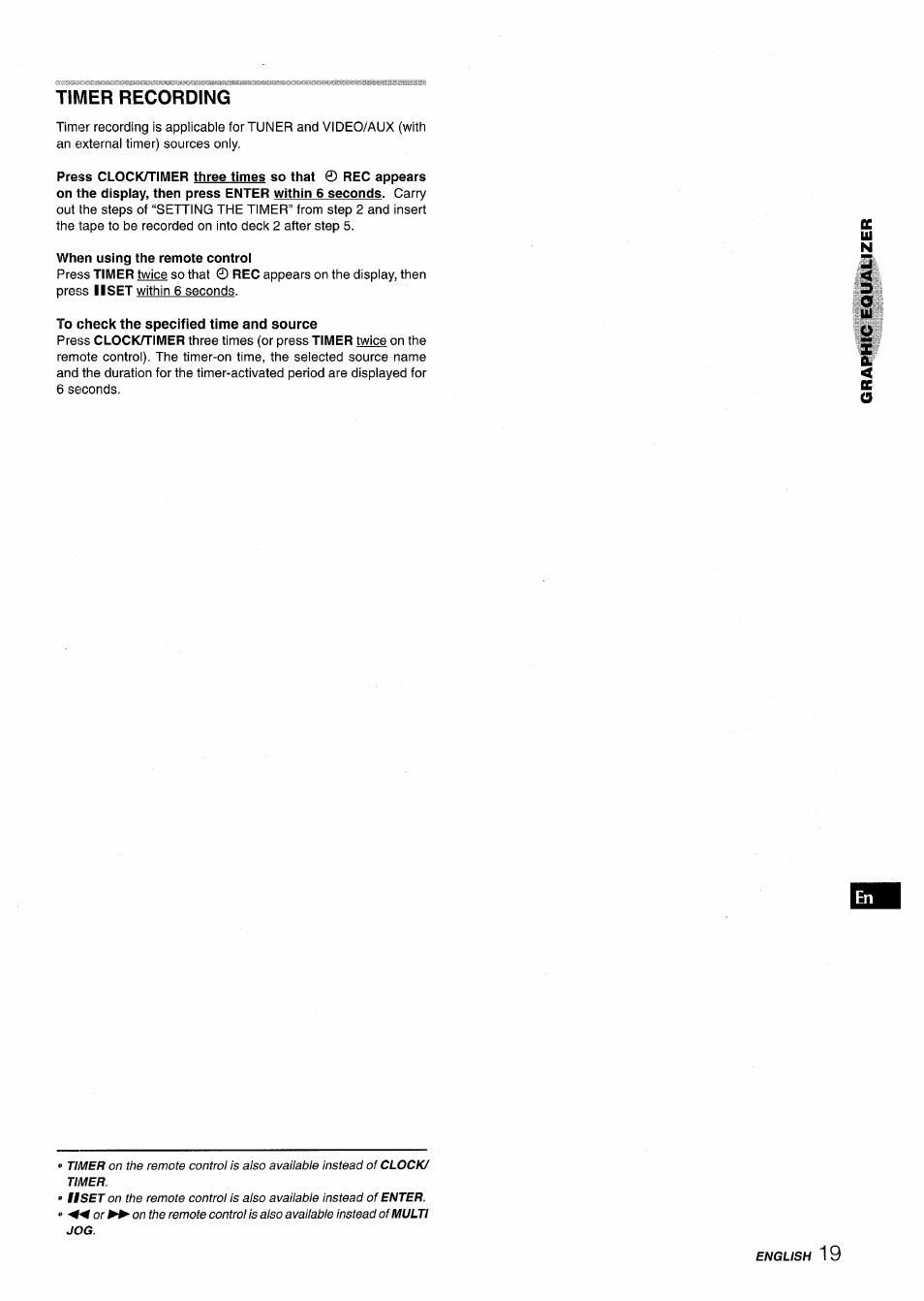 Timer recording, When using the remote control | Aiwa XR-MT1000 User Manual | Page 19 / 116