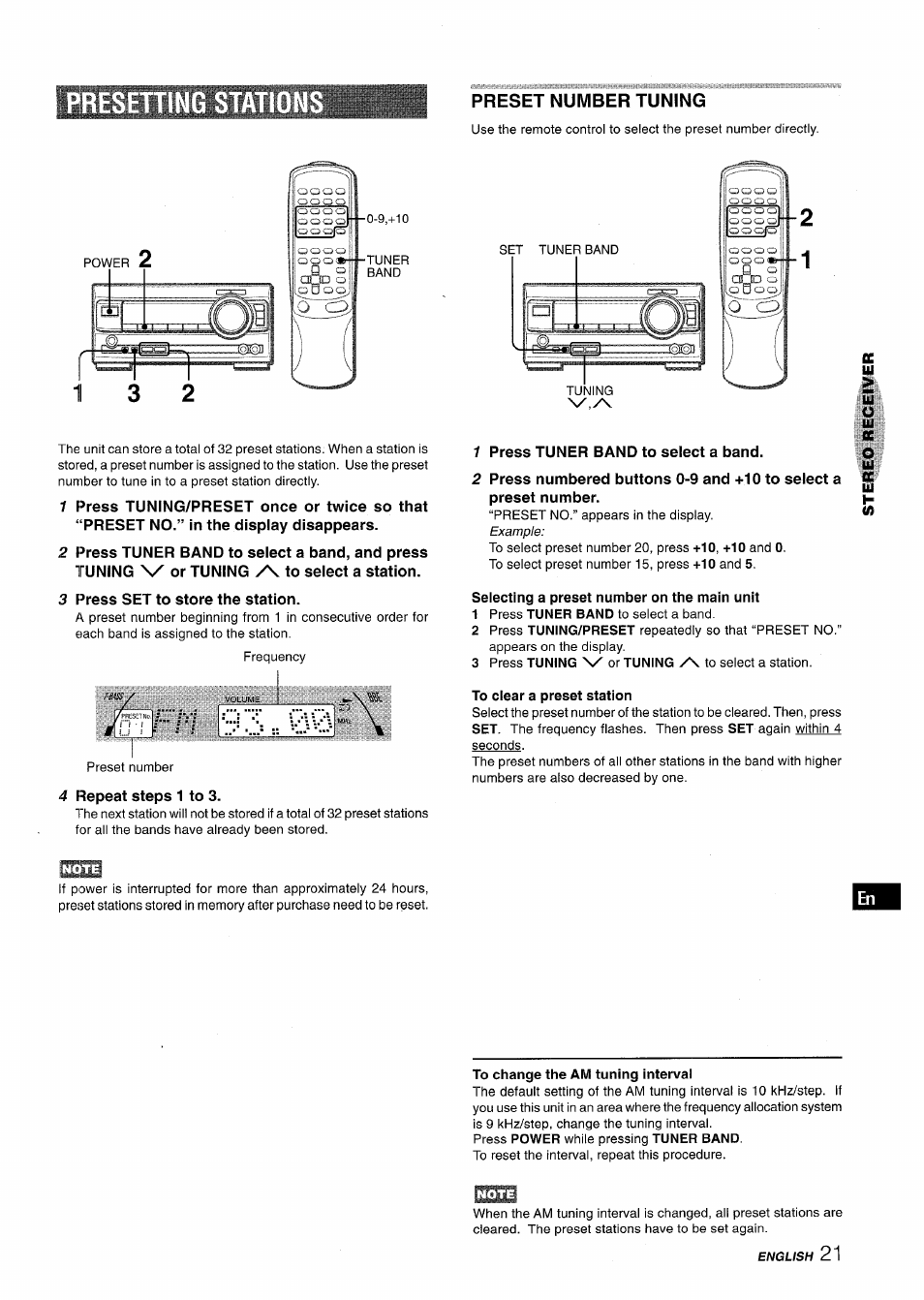 Preset number tuning, 3 press set to store the station, 4 repeat steps 1 to 3 | 1 press tuner band to select a band, Selecting a preset number on the main unit, To clear a preset station, To change the am tuning interval, I:fm, Isslix | Aiwa XR-MT1000 User Manual | Page 21 / 116