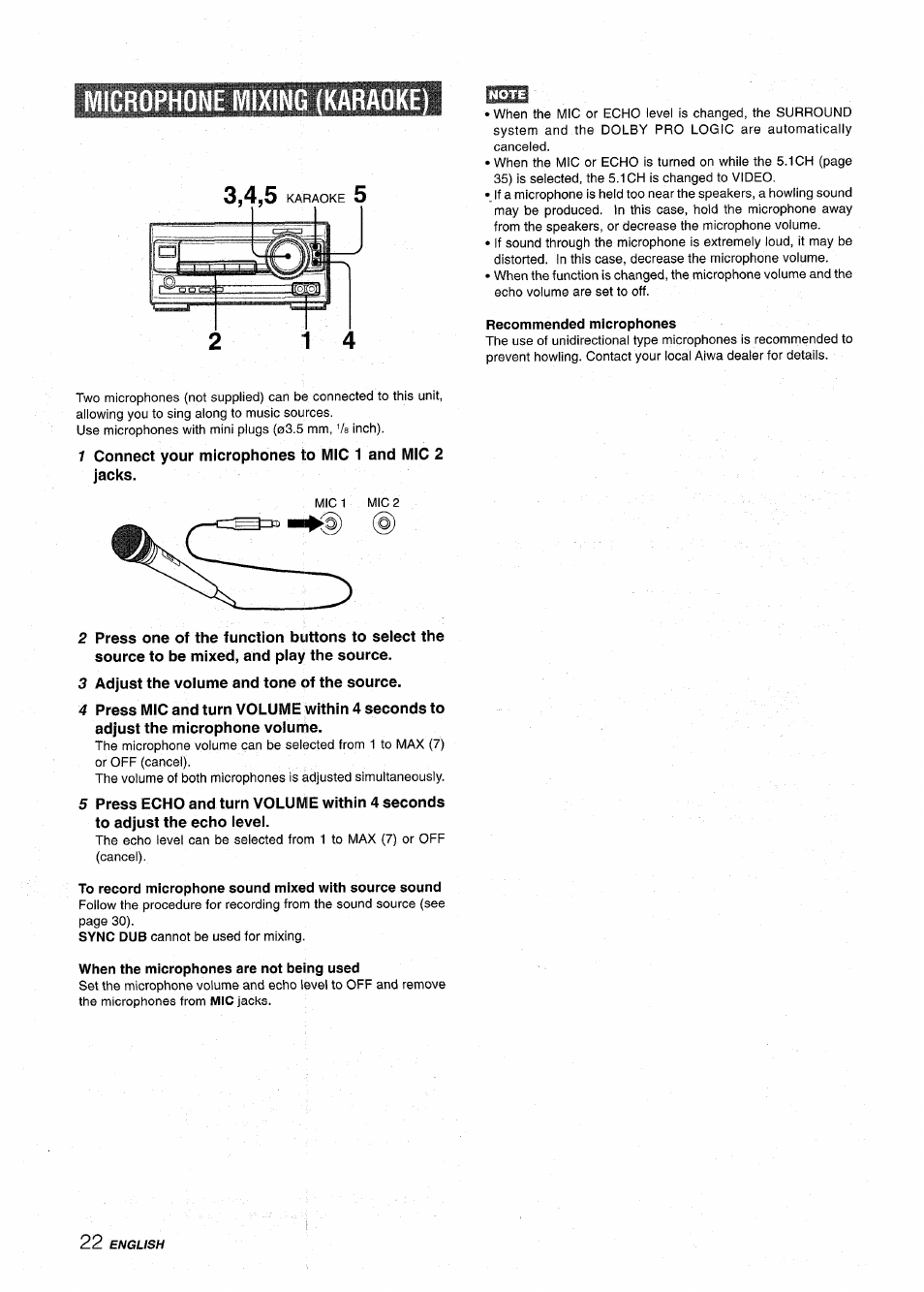 Microphone mixing (karaoke), Recommended microphones, 3 adjust the volume and tone of the source | To record microphone sound mixed with source sound, When the microphones are not being used | Aiwa XR-MT1000 User Manual | Page 22 / 116