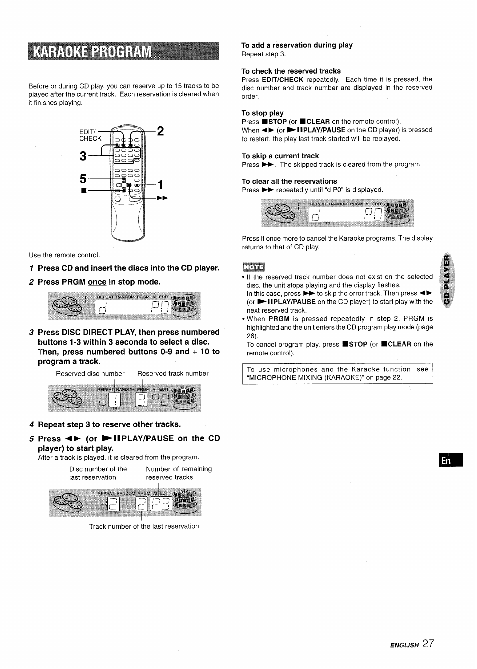 To add a reservation during play, To check the reserved tracks, To stop play | To skip a current track, To clear all the reservations, K?iü?i | Aiwa XR-MT1000 User Manual | Page 27 / 116