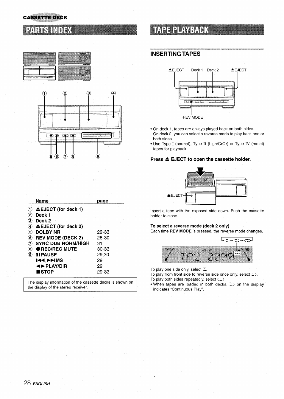 Inserting tapes, Press ± eject to open the cassette holder, Name | Reject (for deck 1), Deck 1 @ deck 2, Reject (for deck 2), To select a reverse mode (deck 2 only) | Aiwa XR-MT1000 User Manual | Page 28 / 116