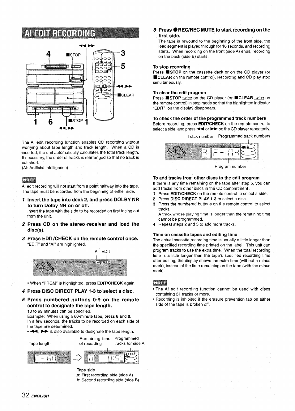 3 press edit/check on the remote control once, To add tracks from other discs to the edit program, Time on cassette tapes and editing time | 4 press disc direct play 1-3 to select a disc | Aiwa XR-MT1000 User Manual | Page 32 / 116