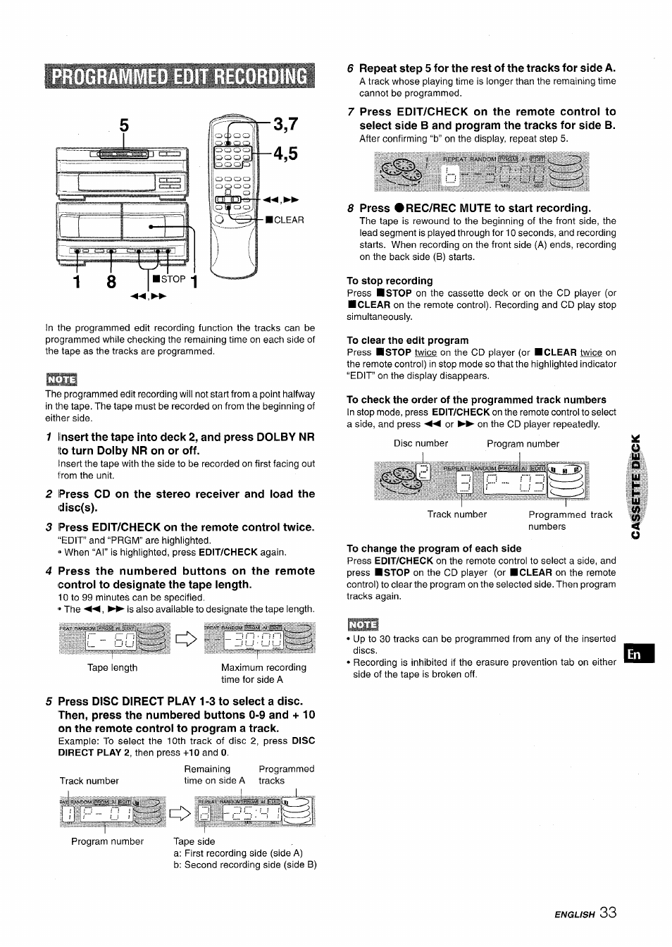 Programmed edit recording, To stop recording, To clear the edit program | To check the order of the programmed track numbers | Aiwa XR-MT1000 User Manual | Page 33 / 116