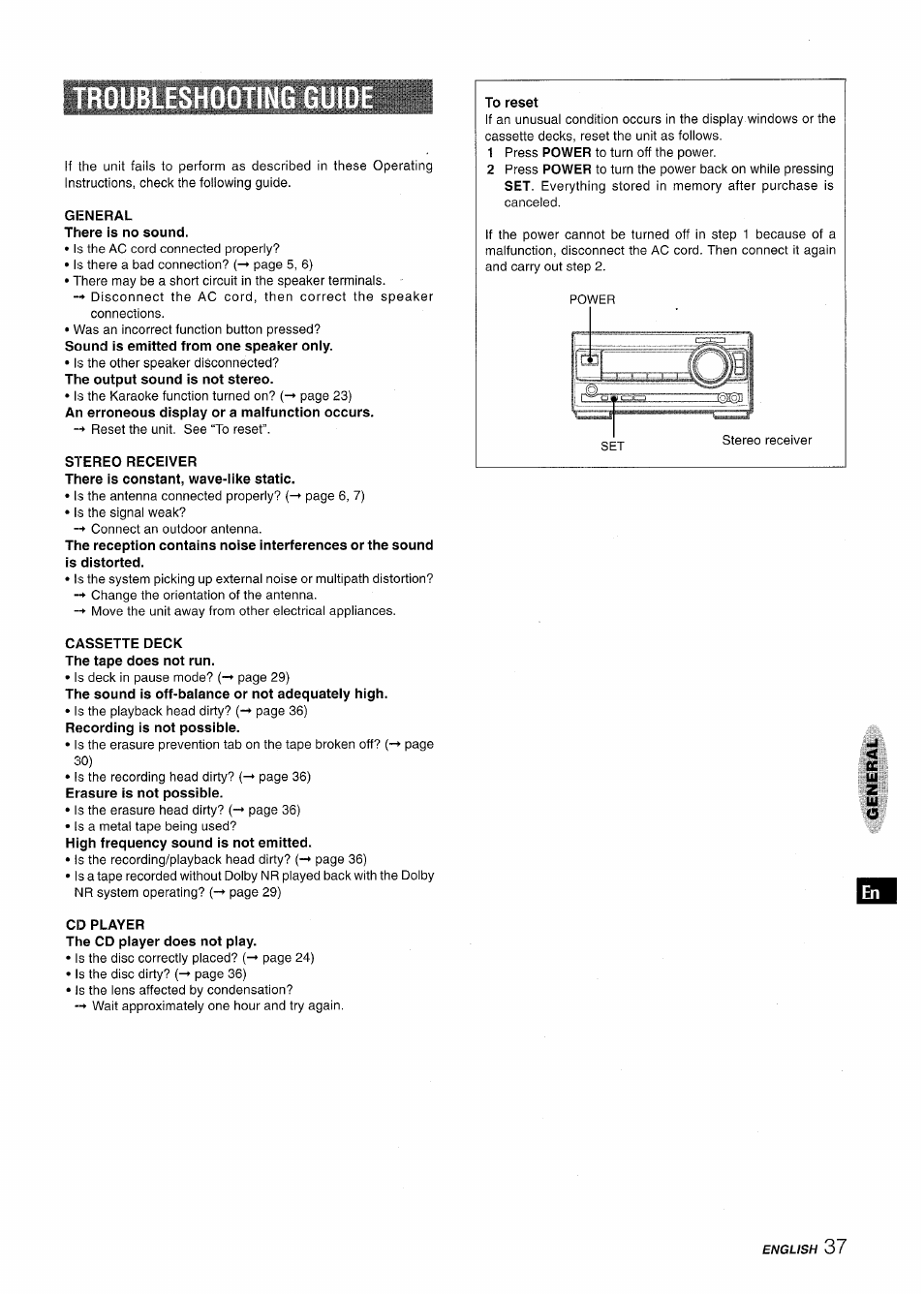 Geeneral there is no sound, Stereo receiver, Cassette deck the tape does not run | Cd player | Aiwa XR-MT1000 User Manual | Page 37 / 116