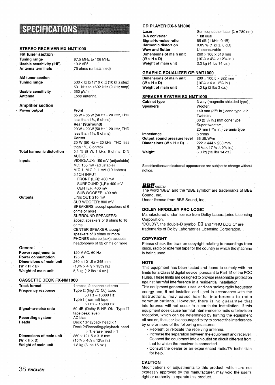Stereo receiver wix-nmt1000, Dolby nr/dolby pro logic, Copyright | Note, Caution | Aiwa XR-MT1000 User Manual | Page 38 / 116