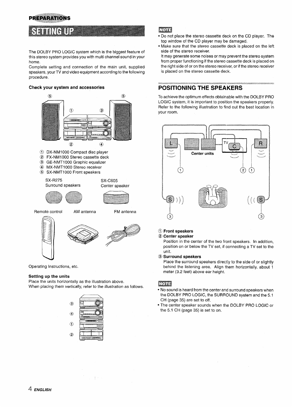 Check your system and accessories, Positioning the speakers | Aiwa XR-MT1000 User Manual | Page 4 / 116