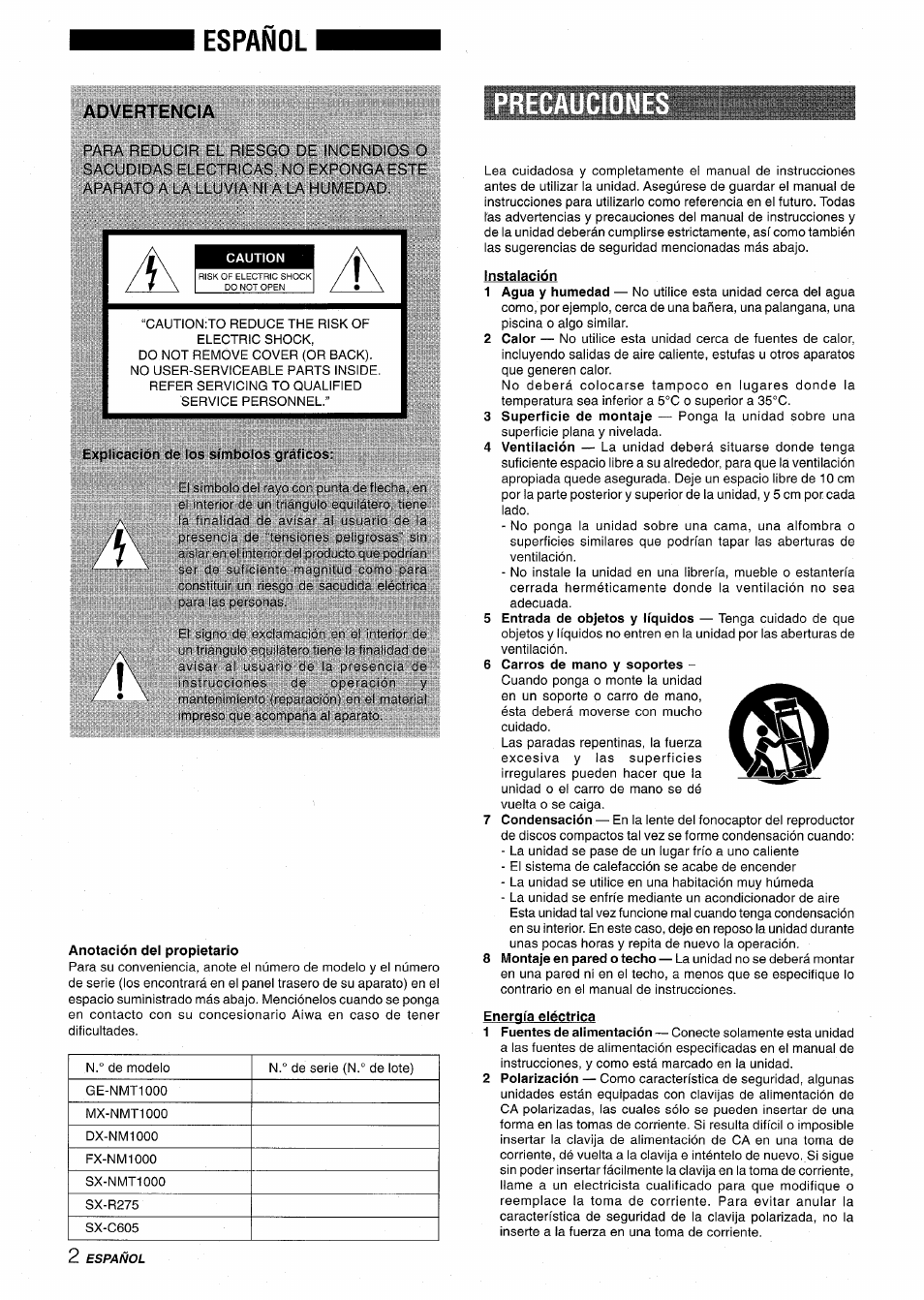 Español, Advertencia, Explicncion de los símbolos gráficos | Anotación dei propietario, Instaiación | Aiwa XR-MT1000 User Manual | Page 40 / 116