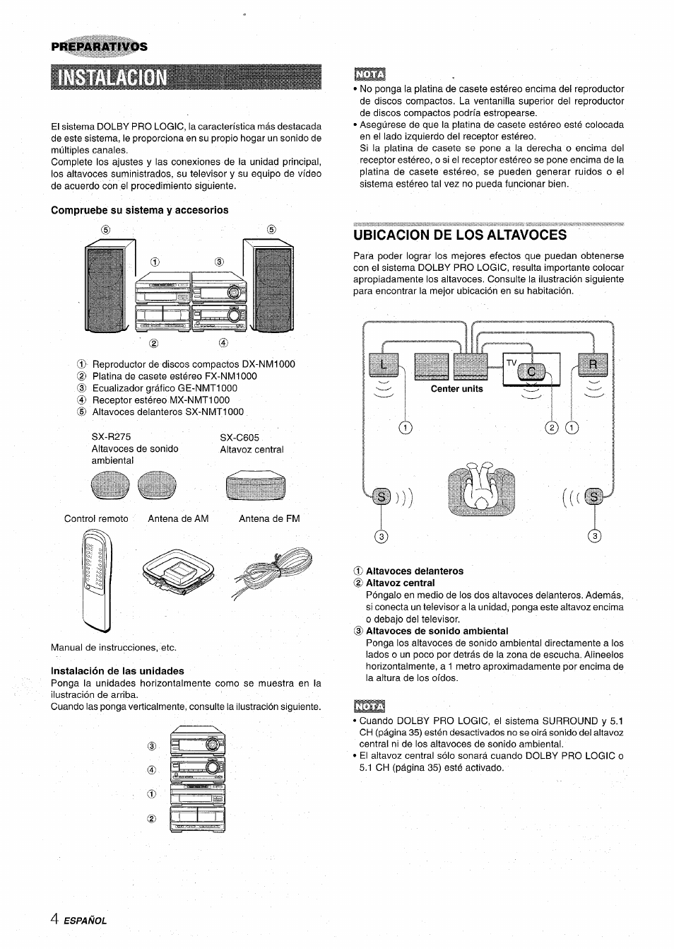 Compruebe su sistema y accesorios, Ubicacion de los altavoces | Aiwa XR-MT1000 User Manual | Page 42 / 116