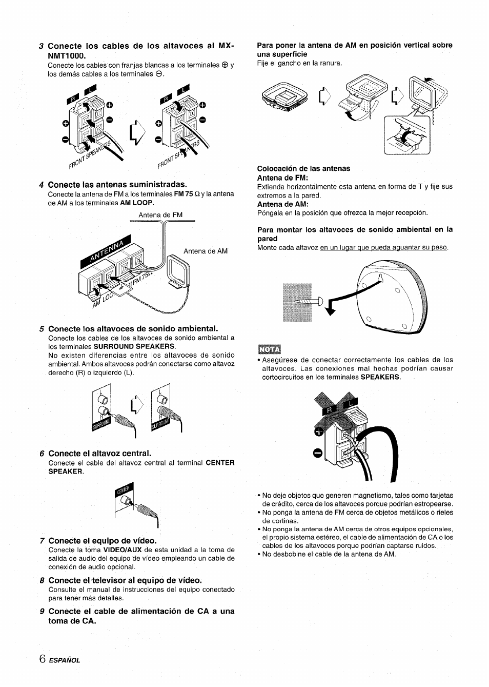 4 conecte las antenas suministradas, 5 conecte los altavoces de sonido ambiental, 6 conecte el altavoz central | Colocación de las antenas antena de fm, 7 conecte el equipo de vídeo, 8 conecte el televisor al equipo de vídeo | Aiwa XR-MT1000 User Manual | Page 44 / 116