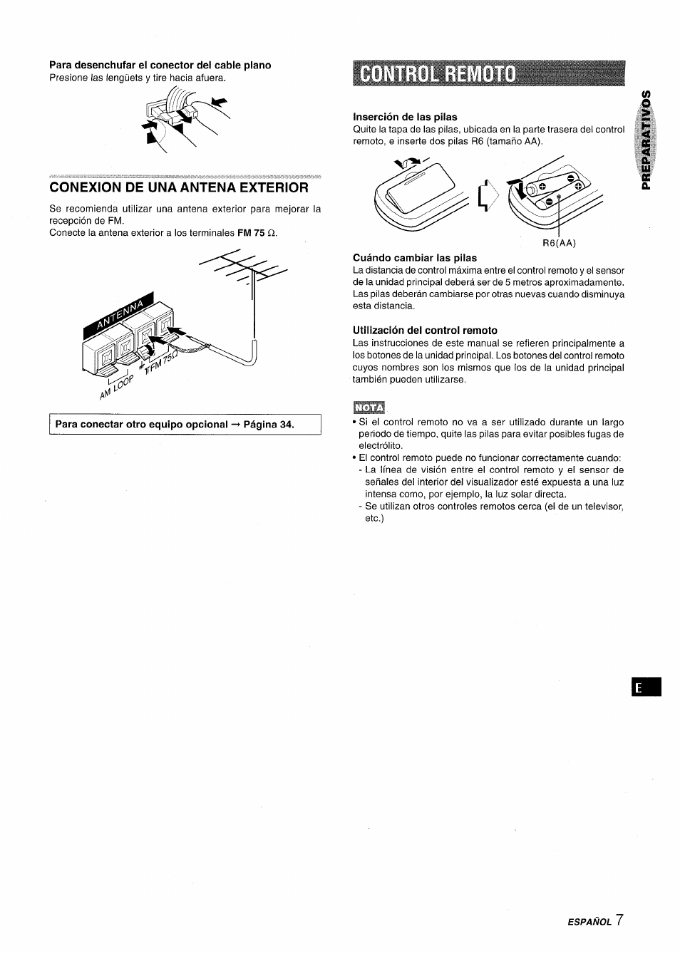 Para desenchufar el conector del cable plano, Conexion de una antena exterior, Utilización dei controi remoto | Aiwa XR-MT1000 User Manual | Page 45 / 116