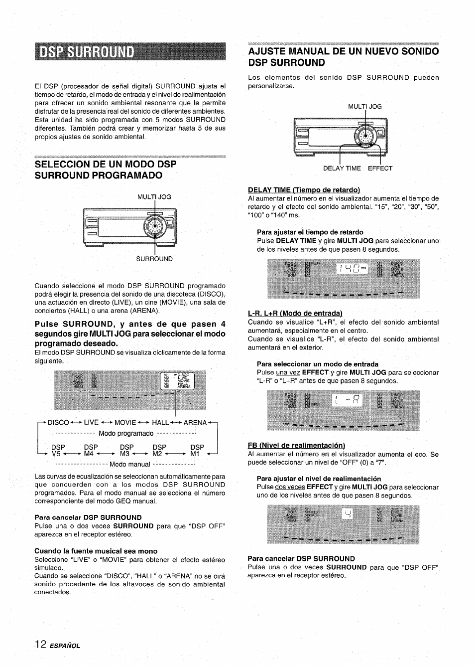 Seleccion de un modo dsp surround programado, Ajuste manual de un nuevo sonido dspsurround | Aiwa XR-MT1000 User Manual | Page 50 / 116