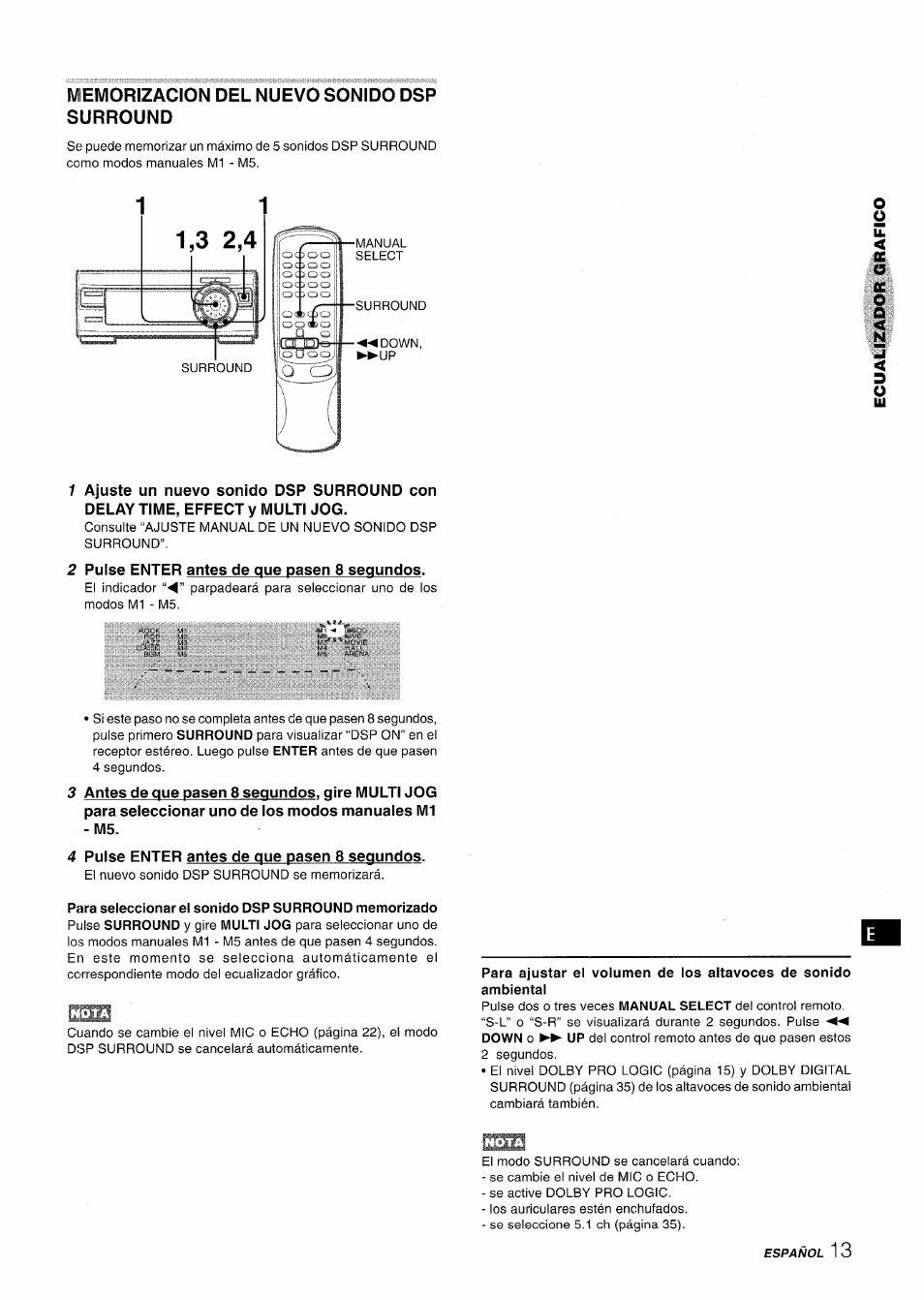 Memorizacion del nuevo sonido dsp surround, 2 pulse enter antes de que pasen 8 segundos, 4 pulse enter antes de que pasen 8 segundos | Aiwa XR-MT1000 User Manual | Page 51 / 116