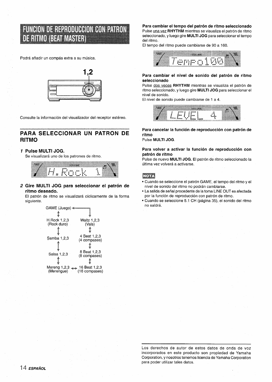 Para seleccionar un patron de ritmo, 1 pulse multi jog, Funcion de reproduc de ritmo (beat maste | Aiwa XR-MT1000 User Manual | Page 52 / 116