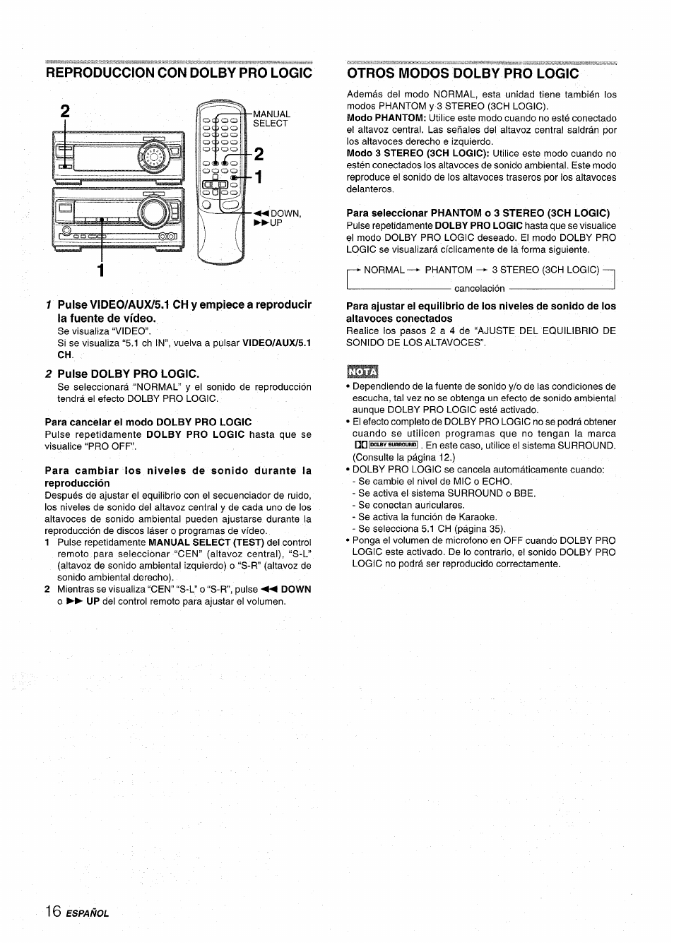Reproduccion con dolby pro logic, Otros modos dolby pro logic, 2 pulse dolby pro logic | Aiwa XR-MT1000 User Manual | Page 54 / 116